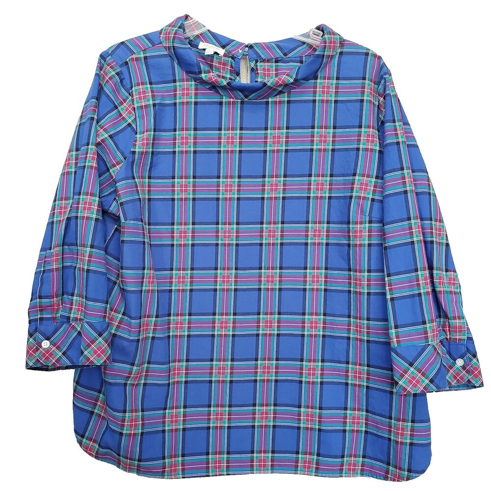 Talbots Petite Blue Plaid Cowl Neck Keyhole Back Cotton 3/4 Sleeve Blouse XLP